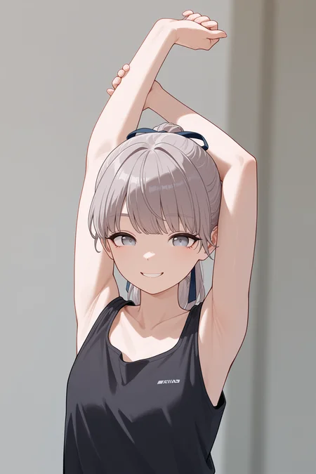 masterpiece, best quality, absurdres, safe
1girl, lapwing, grey hair, grey eyes, ponytail, hair ribbon,
black tank top, arms up, holding own arm, stretching,
smile
<lora:lapwing_il_2_d16:1>