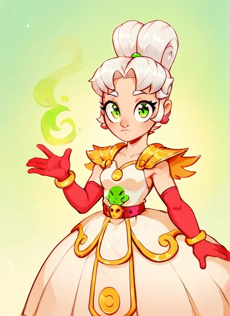 score_9, score_8_up, score_7_up, <lora:lunpiper:1>lunpiper , 1 girl , solo , white hair, doble high ponytail, double bun, green eyes, yellow Shoulder pads ,white dress, dress, red belt , red elbow gloves, yellow bracelet, looking at viewer, <lora:Aer0Zer0_Artist_Style:1>aerozerorisk