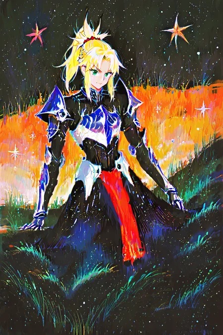 score_9, score_8_up, score_7_up, mordred \(fate\), armor, armored dress, blonde hair, breastplate, gauntlets, green eyes, long hair, pauldrons, pelvic curtain, shoulder armor, solo, solo focus, portrait, dark background, night sky,dark,colorful,very wide shot Lying on a grassy hill, arms spread out, looking like a starfish and enjoying the sun., <lora:ahad:1.3>