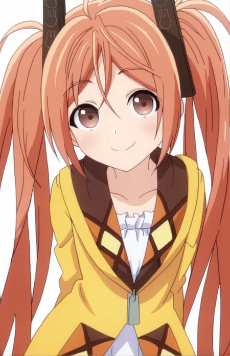 AiharaEnju, 1girl, solo, long hair, orange hair, hair ornament, twintails, brown eyes, collarbone, frills, long sleeves, smile, looking at viewer