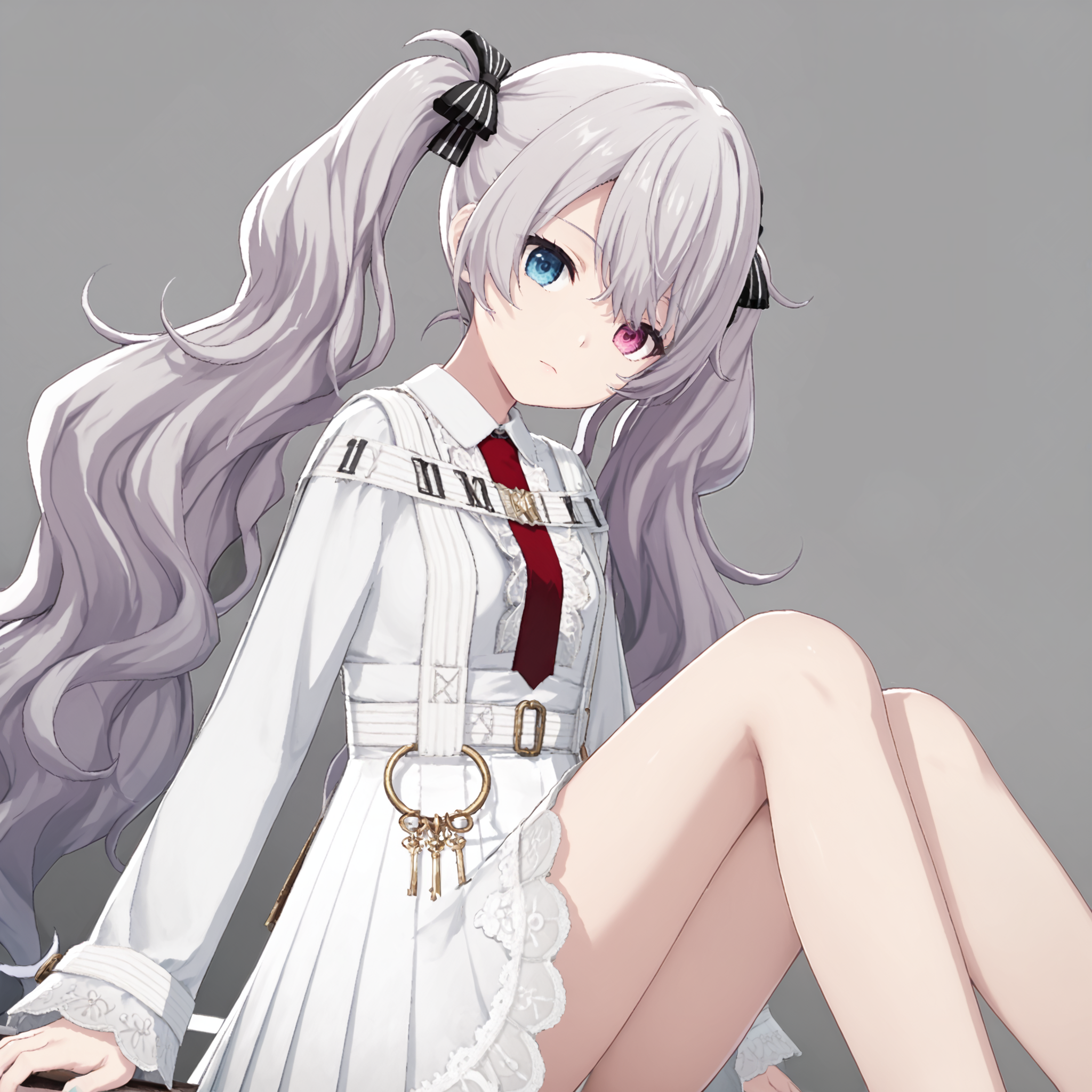 masterpiece, high score, great score, absurdres, official art,
1girl, 25-ji miku, project sekai
brandnew 25miku, silver hair, very long hair, wavy hair, twintails, heterochromia, blue eye, pink eye, expressionless, 
looking at viewer, sitting, head tilt, dutch angle, leaning on object, arm support, perfect hand, BREAK
dark, haze, simple background, grey background, depth of field, iron frame, 
<lora:hand 5.5:1>,  <lora:pony-vs-BN25miku01:0.8>