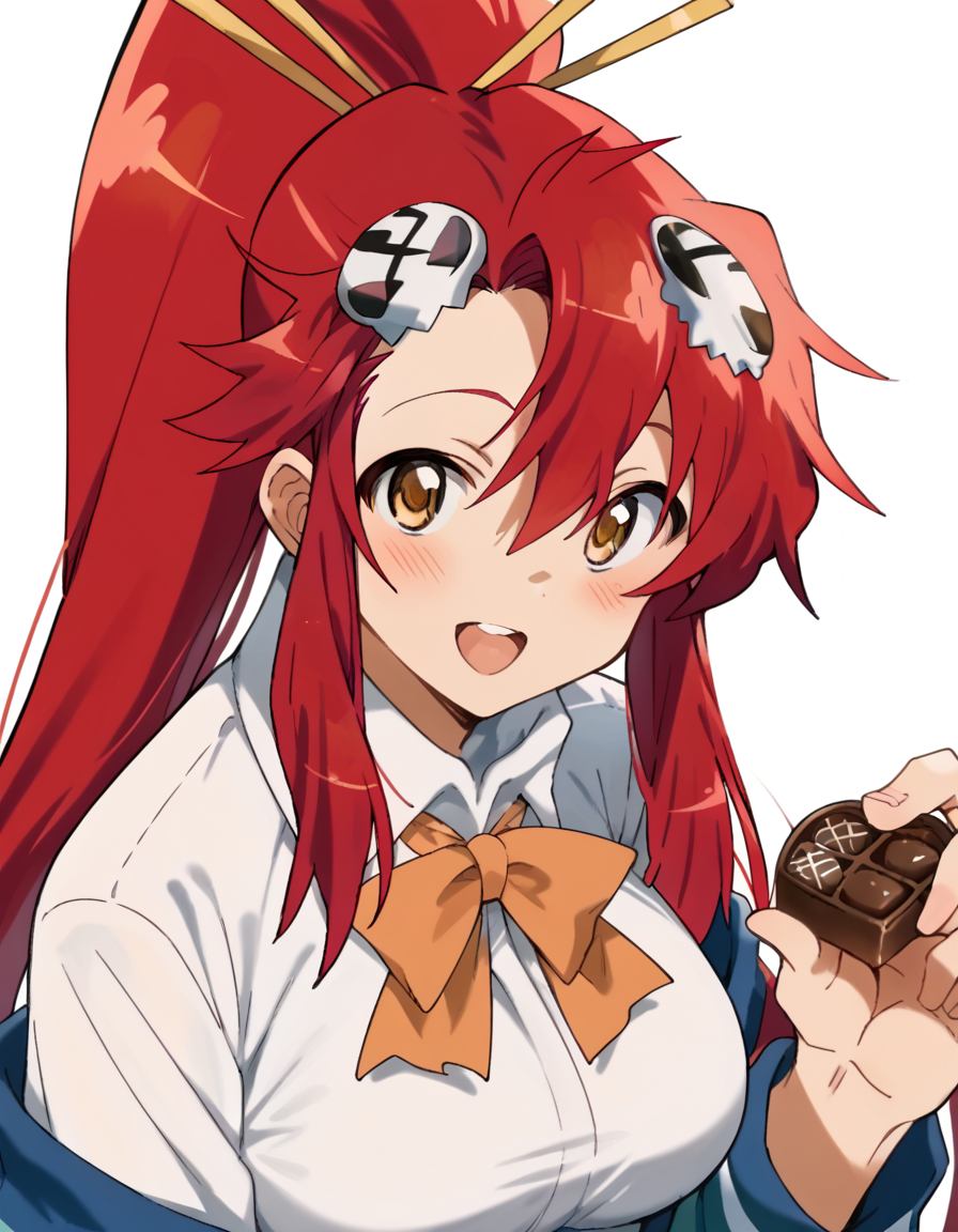 score_9, score_8_up, score_7_up, source_anime, <lora:yoko-littner-anime-ponyxl-lora-nochekaiser:1>, yoko littner, hair between eyes, hair ornament, high ponytail, long hair, red hair, sidelocks, skull hair ornament, yellow eyes, large breasts,, <lora:incoming-chocolate-ponyxl-lora-nochekaiser:1> incoming food, chocolate, holding, holding chocolate, holding food, food, looking at viewer, open mouth, blush, smile, school uniform,, ,