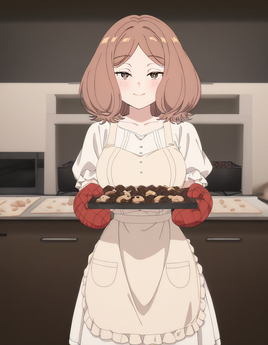 masterpiece, best quality, newest, absurdres, highres, safe,, <lora:mage-edel-s1-illustriousxl-lora-nochekaiser:1>, edel, brown hair, brown eyes, medium hair, medium breasts, anime screencap, <lora:baking-cookies-ponyxl-lora-nochekaiser:1>, baking cookies, looking at viewer, blush, smile, gloves, holding, frills, food, indoors, apron, chocolate, cookie, oven mitts,, , cowboy shot, solo