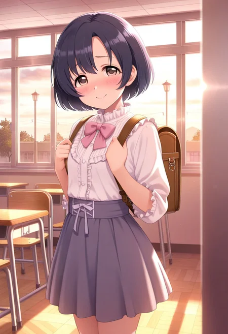 masterpiece,best quality,amazing quality,shiragiku hotaru, short hair, black hair, brown eyes, 1girl, solo, bag, smile, backpack, bow, looking at viewer, blush, skirt, lamppost, classroom , frills