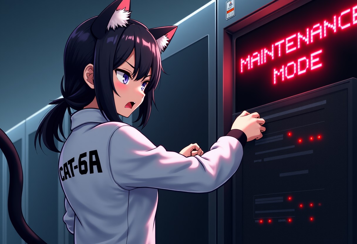 An angry anime catgirl mechanic, she wears a white jacket that says "CAT-6A" on her back, she is pulling cables from a server rack, the room is messy, a monitor on the wall red pixel font text that says "MAINTENANCE MODE" in the center.