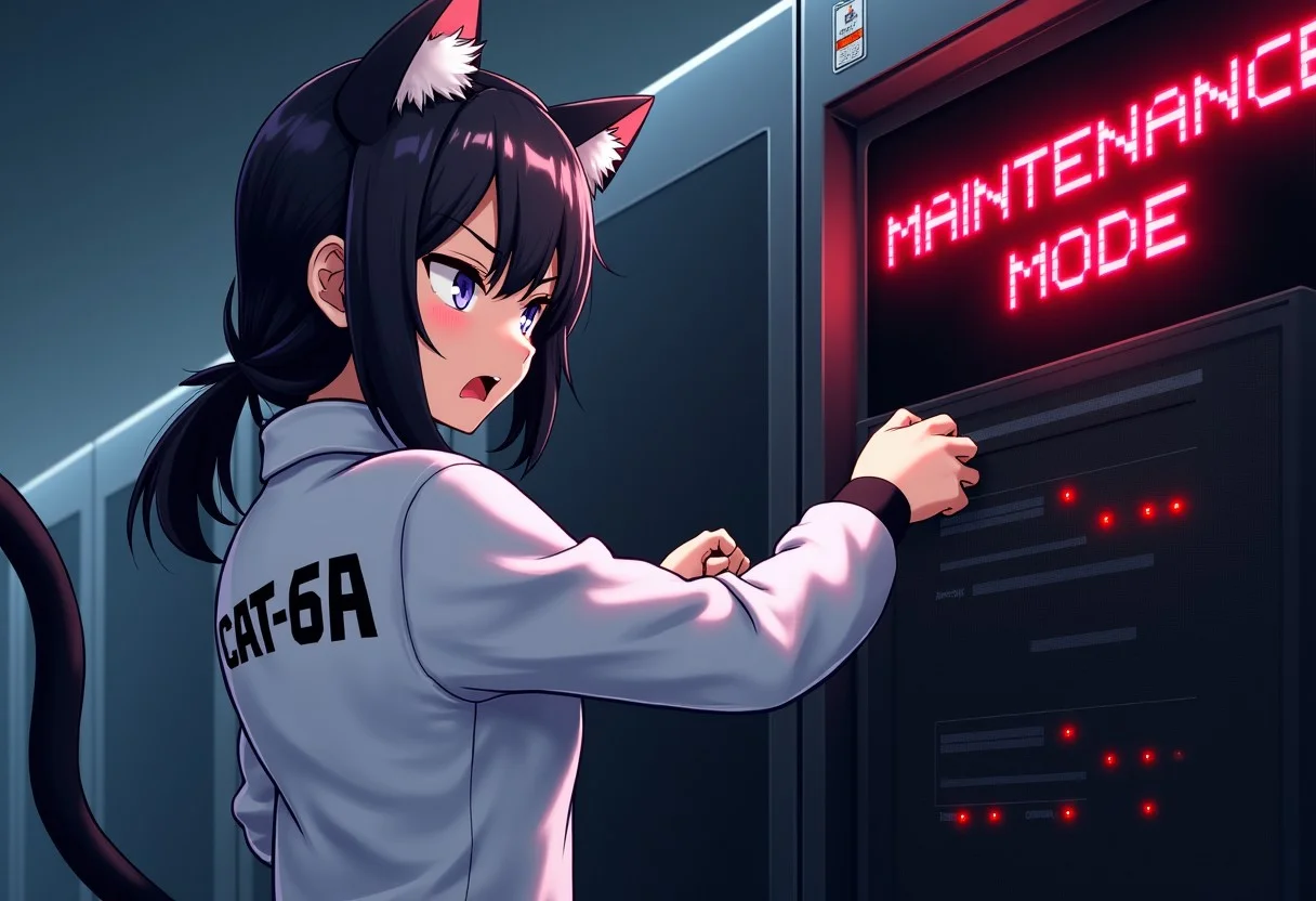An angry anime catgirl mechanic, she wears a white jacket that says "CAT-6A" on her back, she is pulling cables from a server rack, the room is messy, a monitor on the wall red pixel font text that says "MAINTENANCE MODE" in the center.
