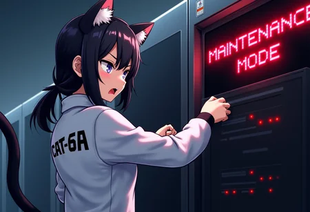An angry anime catgirl mechanic, she wears a white jacket that says "CAT-6A" on her back, she is pulling cables from a server rack, the room is messy, a monitor on the wall red pixel font text that says "MAINTENANCE MODE" in the center.