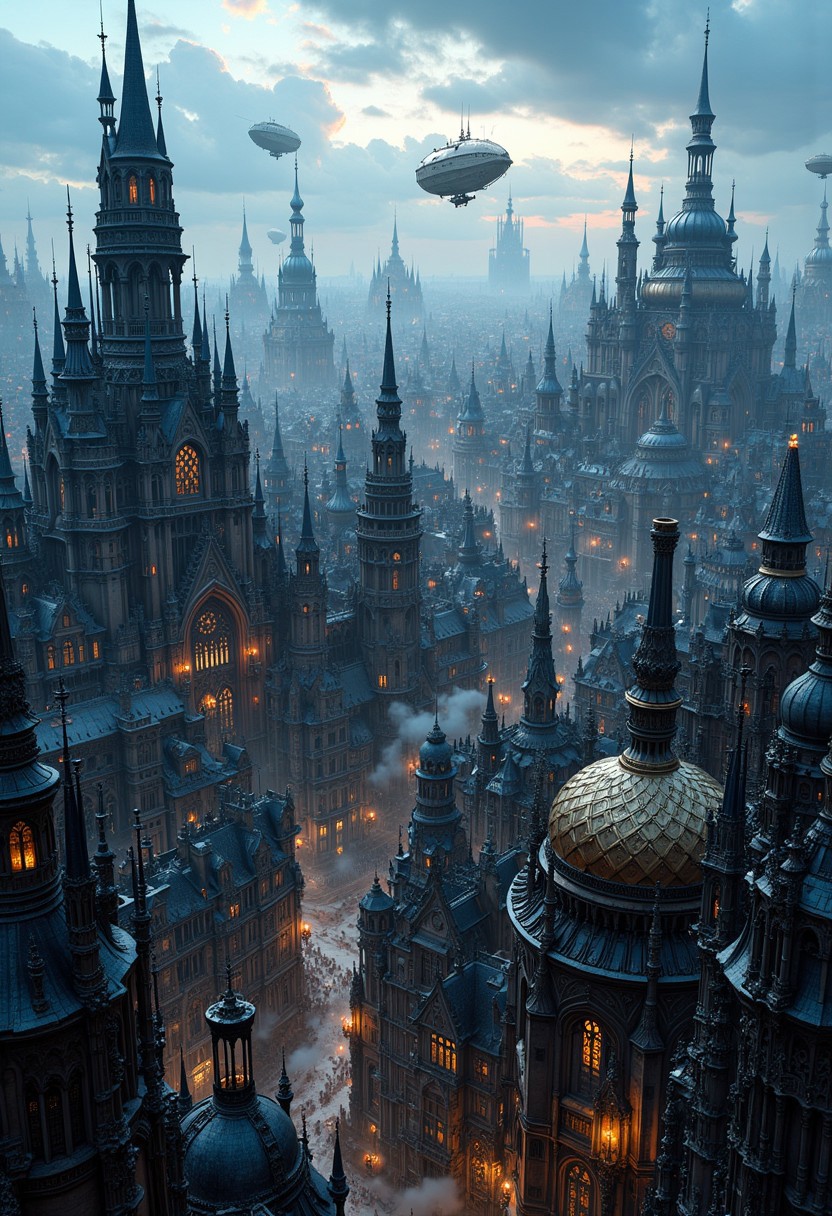 depicting a sprawling, fantastical cityscape with a steampunk aesthetic. The layout is a wide panoramic view showcasing a dense array of intricately designed buildings with pointed spires, domes, and elaborate architectural details. The structures are predominantly dark with hints of blue and bronze, creating a moody atmosphere. In the sky, several airships float among the clouds, adding to the steampunk theme. The city is bathed in a soft, diffused light, suggesting either dawn or dusk, with a warm glow emanating from windows and streetlights. Smoke rises from chimneys, contributing to the industrial feel. The foreground features a large, ornate dome with intricate patterns, while the background reveals a vast city stretching into the distance, with towering buildings silhouetted against the sky. The overall scene is rich in detail, evoking a sense of wonder and adventure.