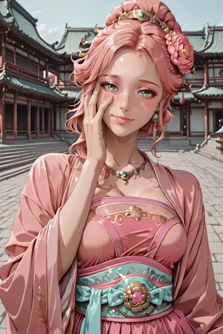 score_9,score_8_up,score_7_up,masterpiece,best quality,source_anime,1girl,solo,
1girl,solo,
KJOgyokuyou,
pink hair,green eyes,half updo,hair flower,hair ornament,single sidelock,pink lips,hair bun,
earrings,necklace,
(Beautiful, medium Breasts:1.2),mature female,
pink hanfu,light blue sash,
hand on face,head tilt,light smile,blush,looking at viewer,
palace,east asian architecture,outdoors,day,
<lora:odanon_style_v2:0.4>,<lora:d01sk5te878c73cg1eug:1>,