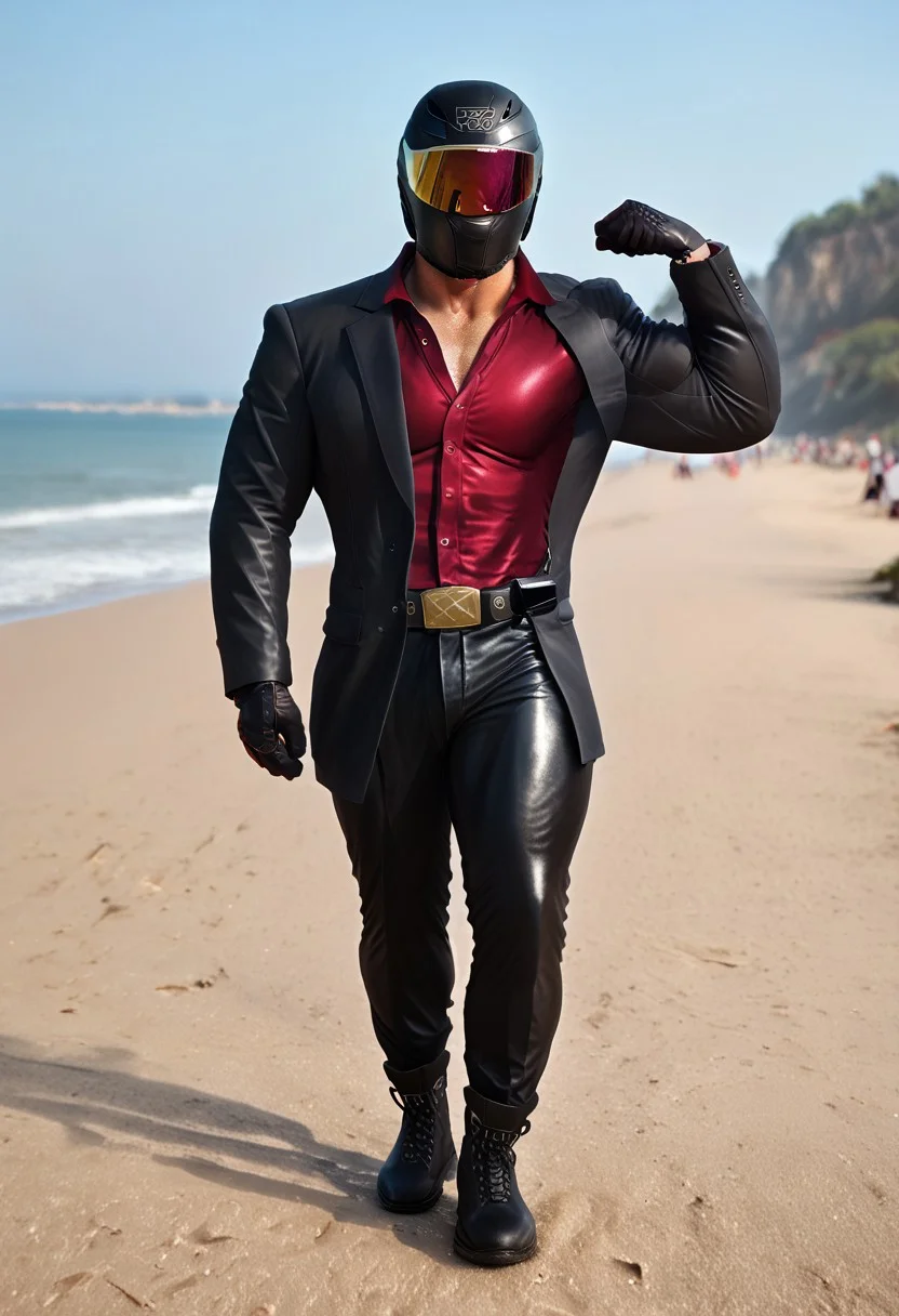 score_9, score_8_up, score_7_up, photo, photorealistic, rating_explicit, (solo:1.1), 1boy, black helmet with tinted visor, muscular male, masculine male, red glossy v neck shirt, black glossy leather blazer suit, formal, glossy pants, belt, skintight, black rubber gloves, black rubber boots, abs, nipples, pecs, flexing, proud, sweaty, outdoors beach, five digits