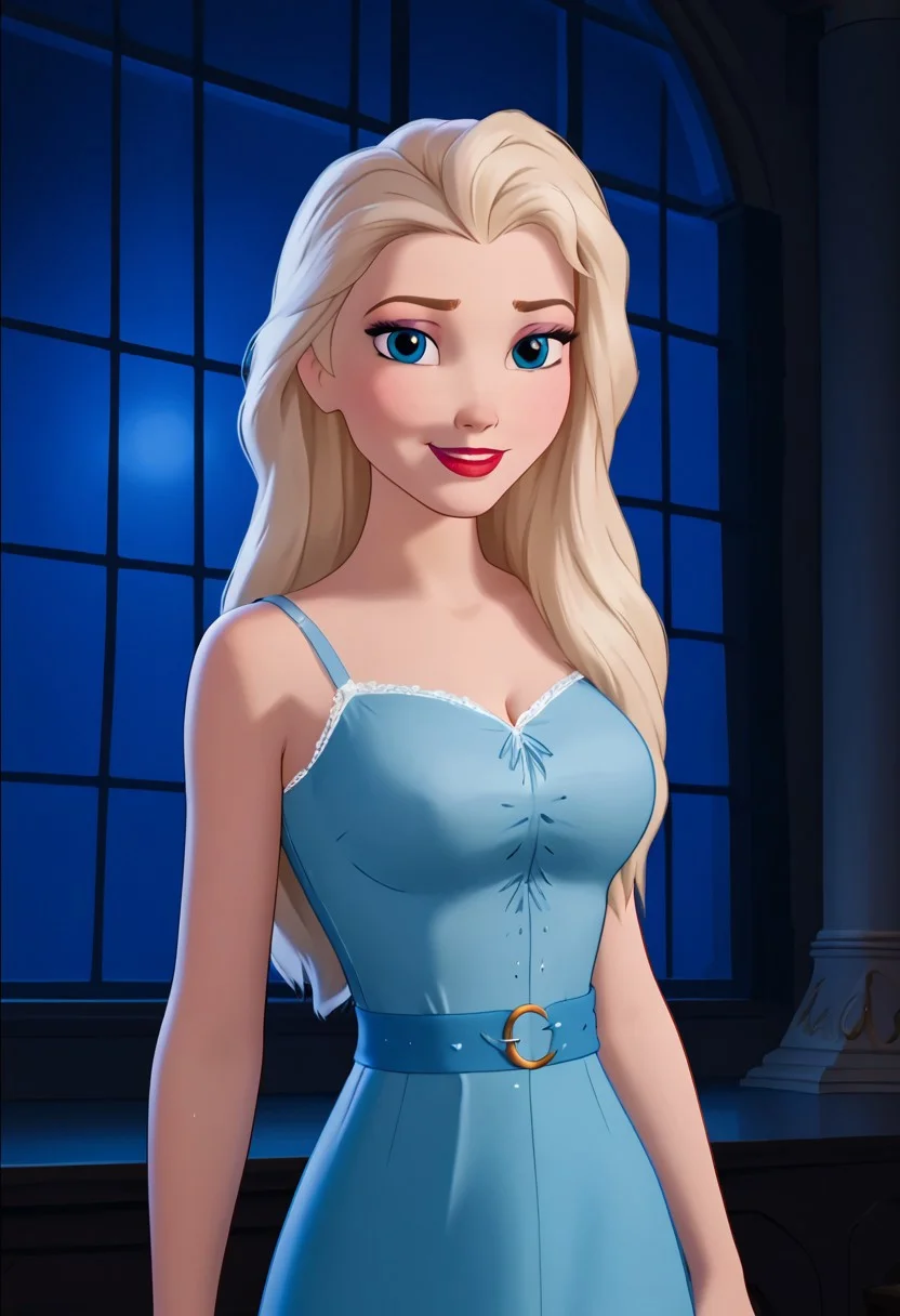 score_9, score_8_up, score_8, score_7_up, cartoon screencap, DisneyRenstyle, accurate_art_style, flat_color, flat_colors, 4k, extremely detailed, correct proportions, uncensored, BREAK, 1girl, elsa, hair down, loose hair, straight hair, light ash blonde hair, sleeveless micro light blue dress, large breasts, looking at the viewer seductively, sexy smile, BREAK, indoors, dark modern bedroom at night, lamp lighting, warm glow from offscreen, BREAK, vibrant colors, 85% dark lighting, 50% studio lighting, 50% soft lighting