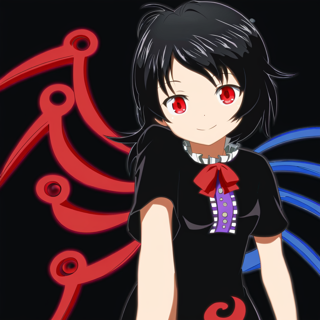 detailxl, masterpiece, best quality, highly detailed, simple background, houjuu nue, small breasts, black hair, red eyes, asymmetrical wings, short dress, black dress, short sleeves, light smile, cowboy shot, standing, pov <lora:Houjuu Nue_epoch_10:1> <lora:detailxl:1>