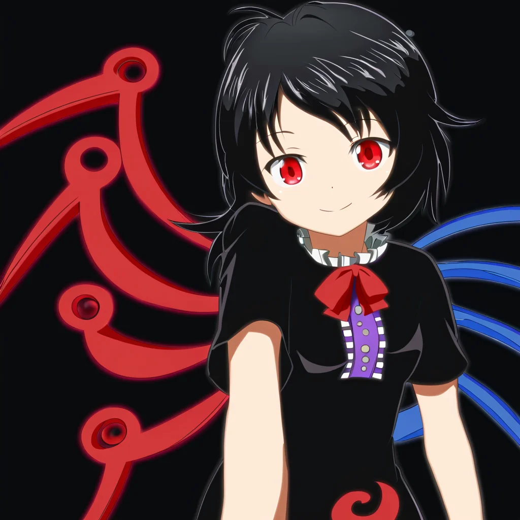 detailxl, masterpiece, best quality, highly detailed, simple background, houjuu nue, small breasts, black hair, red eyes, asymmetrical wings, short dress, black dress, short sleeves, light smile, cowboy shot, standing, pov <lora:Houjuu Nue_epoch_10:1> <lora:detailxl:1>