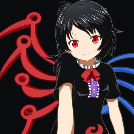 detailxl, masterpiece, best quality, highly detailed, simple background, houjuu nue, small breasts, black hair, red eyes, asymmetrical wings, short dress, black dress, short sleeves, light smile, cowboy shot, standing, pov <lora:Houjuu Nue_epoch_10:1> <lora:detailxl:1>