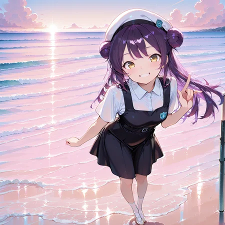 masterpiece, high quality, absurdres, best quality, very aesthetic, newest, highres, 1girl, solo, <lora:Rein:1>, purple hair, yellow eyes, long hair, hair buns, small breasts, white beret hat, <lora:Malaysia_School_Uniform_Primary_School_Uniform:1>, (malaysian secondary school uniform), (pinafore dress), (black skirt), (black pinafore), (collared shirt), (white shirt), (short sleeves), (white socks),(short socks), (white footwear), (ballet flat), full body, sea shore, standing, looking at viewer, grin, saluting, leaning towards
