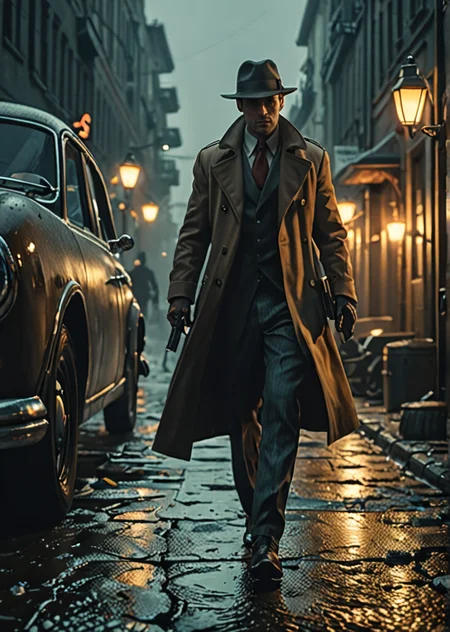 film noir detective hiding from an ambush at the dockse <lora:add-detail-xl:1>,  epic shot, sharp image, dramatic lighting, highest quality, 8k, soft colors < sci-fi illustration