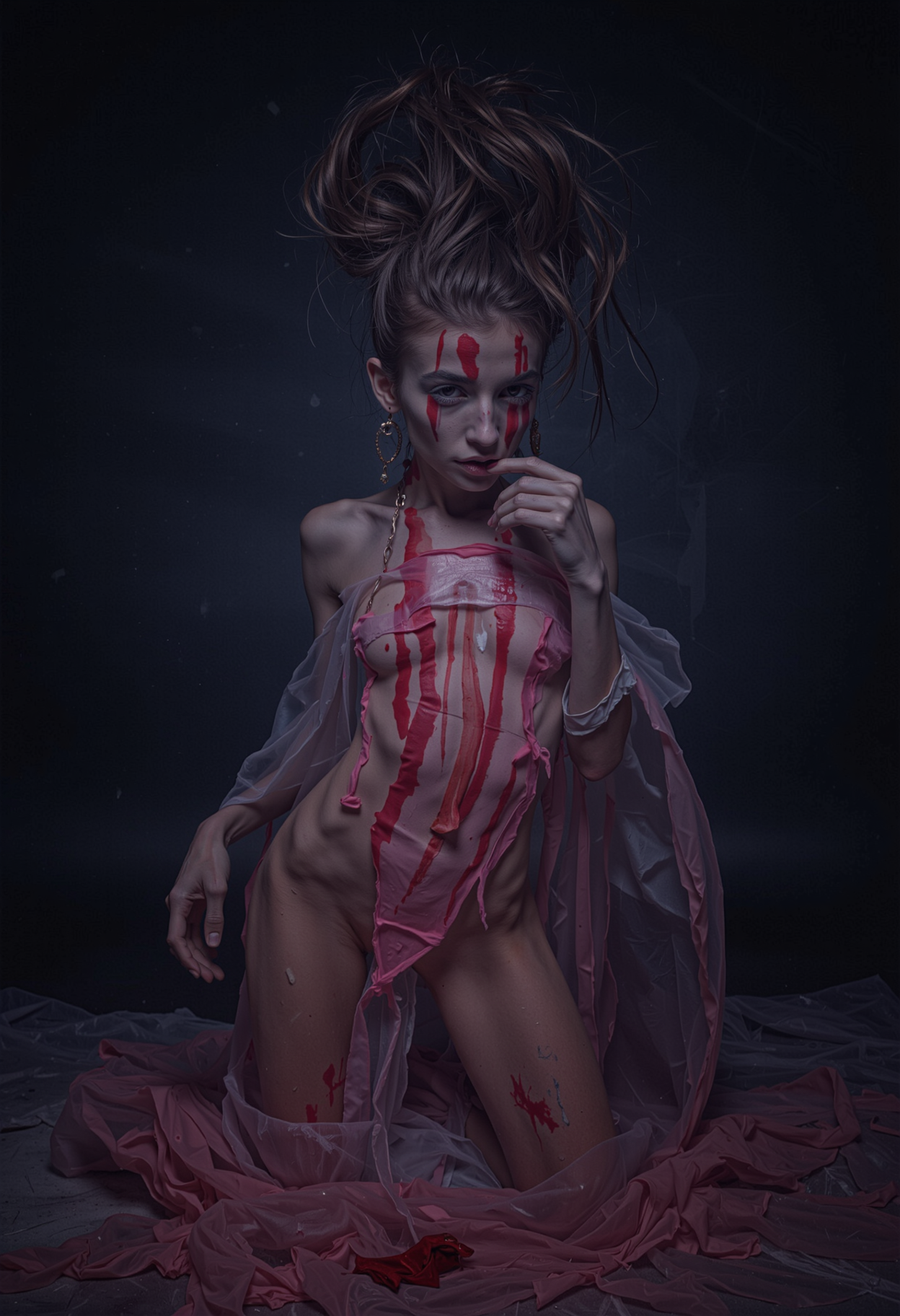 full body art photography of a possessed skinny female with eccentric messy updo hair. Her body is painted in vibrant shades of black, white and red. She is posing expressively in a dark place. red-pink paint is running down her body like bleeding neon in a dramatic display of despair emphasized by the volumetric lighting of the smokey atmosphere. Her ethereal beauty is accentuated by layers of flowing translucent fabrics underlining the mysterious grimdark beauty and occult impression of the painterly scene.  <lora:flux\flux-Sch-SingleBlocks-F32.sft> <lora:flux\flux_skinny_slider> <lora:flux\flux_stefan_gesell_15>