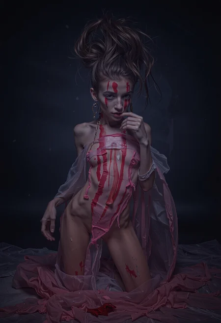 full body art photography of a possessed skinny female with eccentric messy updo hair. Her body is painted in vibrant shades of black, white and red. She is posing expressively in a dark place. red-pink paint is running down her body like bleeding neon in a dramatic display of despair emphasized by the volumetric lighting of the smokey atmosphere. Her ethereal beauty is accentuated by layers of flowing translucent fabrics underlining the mysterious grimdark beauty and occult impression of the painterly scene. <lora:flux\flux-Sch-SingleBlocks-F32.sft> <lora:flux\flux_skinny_slider> <lora:flux\flux_stefan_gesell_15>