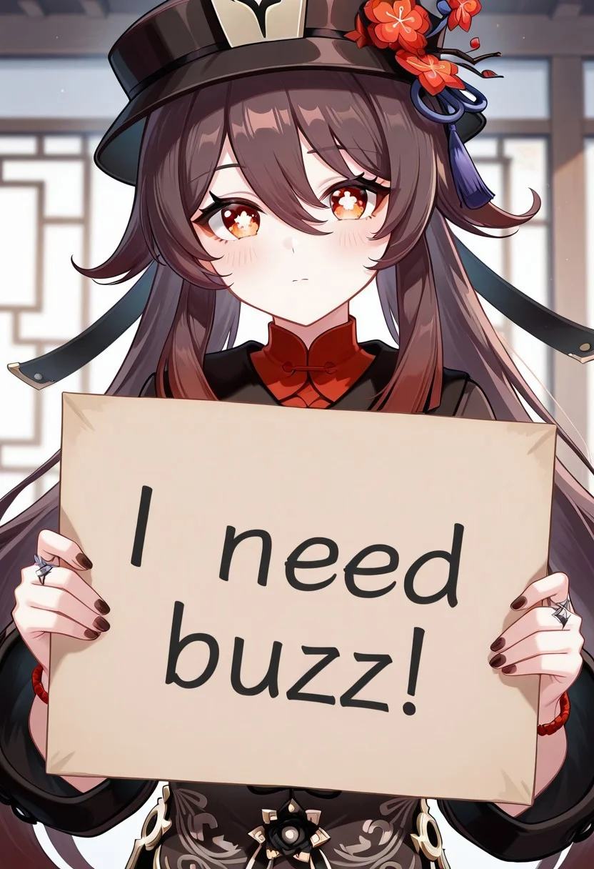 (hu tao \(genshin impact\), 1girl), sfw, need_buzz, holding sign, looking at viewer, very awa, masterpiece, best quality, absurdres, newest, perfect quality, detailed background, intricate details
