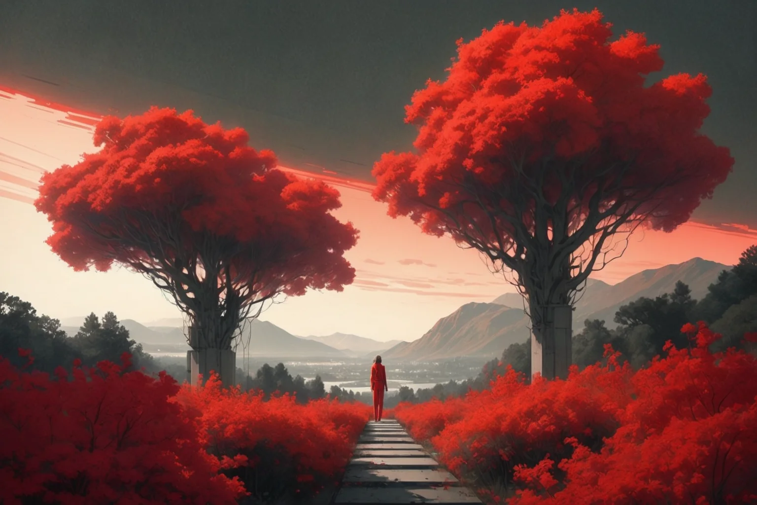 masterpiece, overgrown brutalism, Red glow, glowing trees, Khaki flowers, (Eden's Gravity), breathtaking landscape, perspective, sharp focus, beautiful high details, award winning masterpiece, trending on art station, stunning visuals, creative, cinematic lighting, landscape lost in thought  <lora:Overgrown_Brutalism_SDXL:.8>