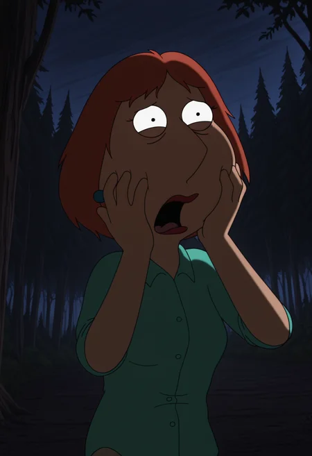 masterpiece, best quality, amazing quality, lo1sgf, 1girl, orange hair, blue earrings, aqua shirt, beige pants, hands on face, scared, screaming, open mouth, bags under eyes, upper body, outdoors, night, forest, dark, cinematic shot, dramtic light, dramatic lighting, shadow, horror_\(theme\),
