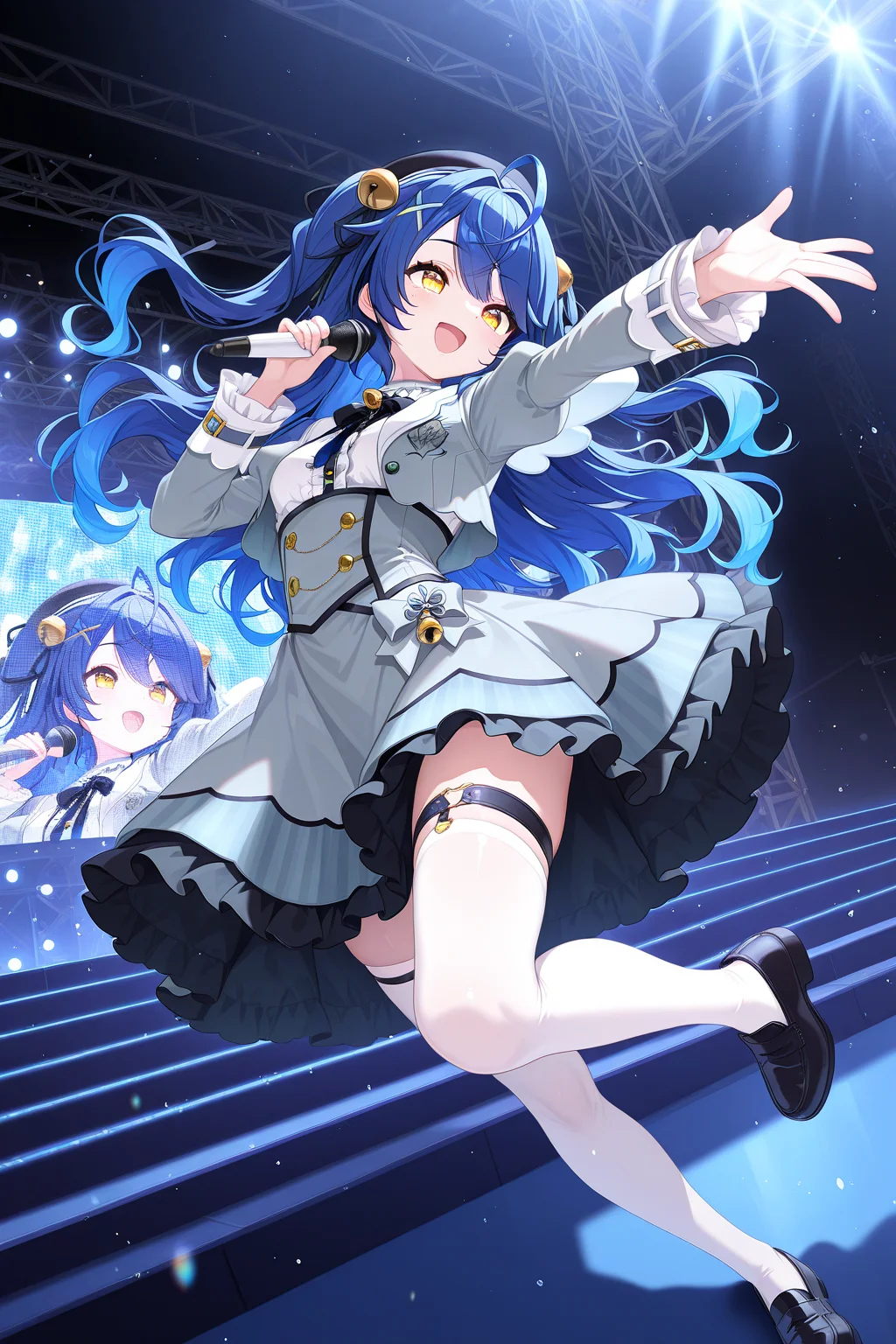 1girl, AmamiyaKokoroNijisanji,
general, solo, perspective, dynamic angle,
long hair, blue hair, two side up, wavy hair,
eyelashes, yellow eyes, mini wings,
black headwear, x hair ornament, hair bell,
grey jacket,
puffy sleeves, frilled sleeves,
cropped jacket,
breasts, open jacket, 
neck bell, white shirt, 
grey dress, thigh strap, white thighhighs, loafers,
smile, dynamic pose, outstretched arm,
singing,
stage, spot lighting, light particles,
<lora:kp_AmamiyaKokoroNijisanji1stCostumeIllustrious_v1_0:1.0>,
masterpiece, best quality, amazing quality