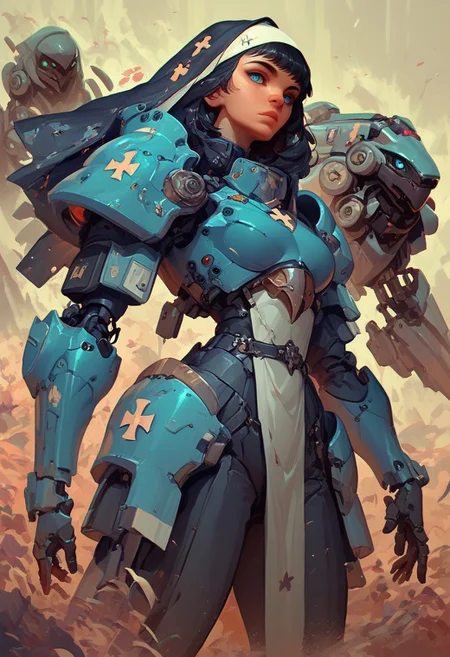 score_9, score_8_up, score_8_up, Battle nun, portrait, blue eyes, black hair, beautiful, long legs, mech armor,