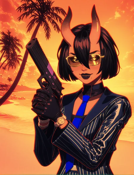 GLSHS,delicate colors,partially illuminated, (masterpiece, absurdres, very awa:1.4), golden hour, orange theme, sunset, beach, rocks, beach ball, sand, palm tree, (tilted shot, pose, standing:1.2), drinking tropical drink, drunk, smug, looking at viewer, fortnitenightrose, 1girl, black hair, short hair, bob cut, bangs, hair between eyes, hair over one eye, asymmetrical horns, oni horns, skin-covered horns, black eyes, black sclera, sclera, closed mouth, mole, mole under mouth, black lips, lipstick, makeup, (fully clothed, navy pinstripe black jacket, suit, navy pinstripe blue suit, striped suit, black business shirt, black shirt, blue tie, silver wrist watch, black collared business shirt, blue tie, silver wristwatch, gold tinted non reflective aviators, aviators, golden aviators, holding handgun:1.5), <lora:GLSHS-IL:1.2>, <lora:Fortnite_The_Night_Rose_All_Outfits_ILXL:0.8>, <lora:dmd2_sdxl_4step_lora:1>