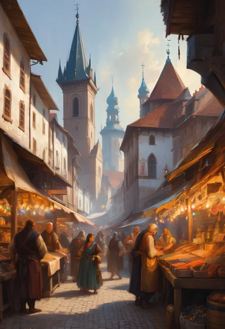 Bustling medieval marketplace in a transylvanian 19th century city, with merchants selling exotic goods, colorful stalls offering potions, scrolls, spices, diverse fantasy races mingling, and towering bell towers with dragon figureheads in the background, port in the background, romanian orthodox church
 style of greg rutkowski,janek sedlar,jenny saville:0]  <lora:vivid_everclear:0.35>  <lora:Sinozick:0.35>  <lora:MJ52:0.35>