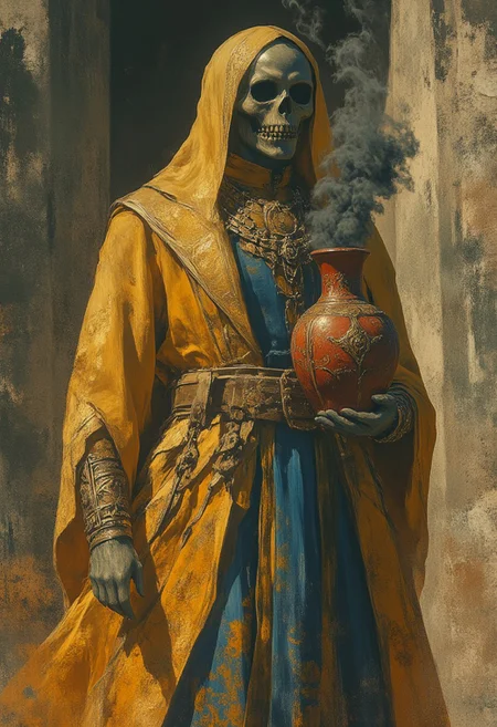 fg ,midjourney, 
Dark fantasy , painting with dim gritt, skull reaper,Golden robe with blue shining futuristic patterns on the robe, jewellry and weapons on him, grainy painting that is too grand in aura, holding a red vase that leaks black smoke from top , vase is emroided in golden patterns
 gritty dark fantasy,