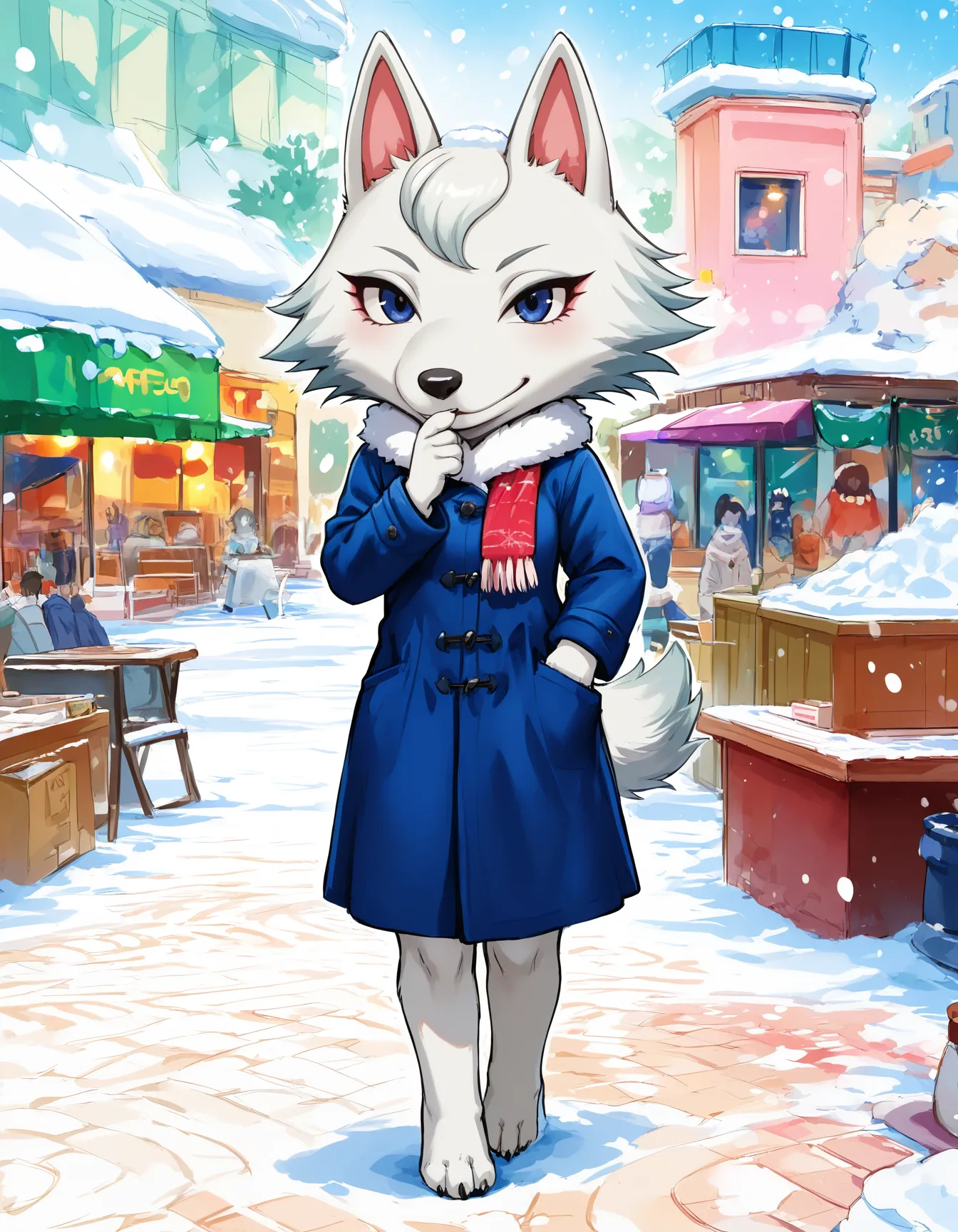 whitneyc, wolf, white fur, small breasts, 1girl, female, solo, blue eyes, black nose, sketch, looking at viewer, amused, smirk, shushing, hand up, finger out, touching chin, tail, blue coat, scarf, fluffy collar, anime, full body, street, pedestrians, market, cafe, outdoor seating, walking, colorful, detailed background, winter, snow, snowing,
<lora:Whitney_v2Noob3s96:1> <lora:noobai_ep11_stabilizer_v0.138_fp16:0.8>