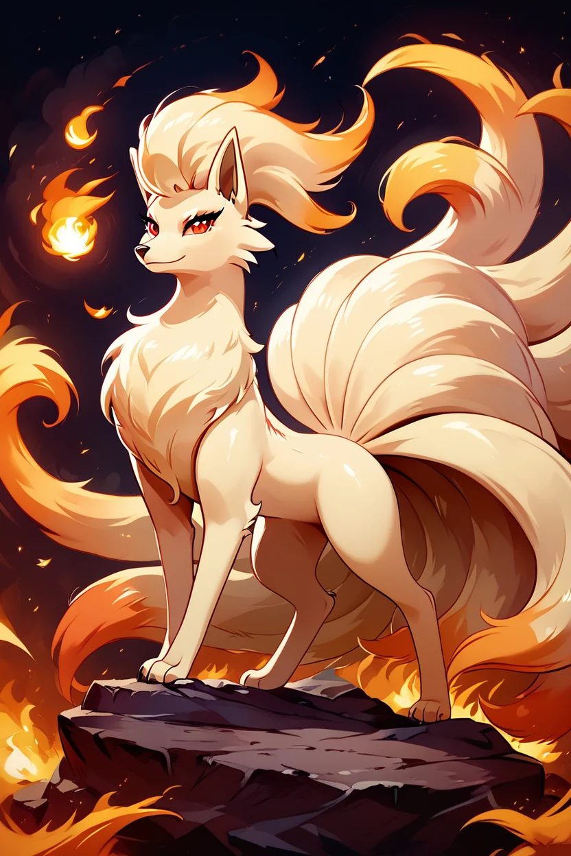 score_9, score_8_up, score_8, medium breasts, (curvy), cute, eyelashes, ,,, , ,,, zzNinetails, looking at viewer, red eyes, closed mouth, standing, full body, looking back, fire, rock, embers, angry, attack, furious, claws, ,<lora:NinetailsPokedexPDXL:0.8>, ,,,, BREAK, ,,, upper body, smile, looking at viewer, ,,, shiny skin, <lora:ProAnime_PDXL_v1:0.8>, night, soft shadows, moonlight reflecting off skin, whisper of wind, ,,, embedding:zPDXL, Expressiveh, <lora:SDXLFaeTastic2400:0.5>, <lora:Expressive_H-000001:0.4>,