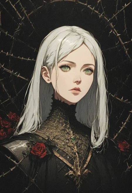 score_9, score_8_up, score_7_up, 
female, long white hair, beautiful face, green eyes,
(dark knight), bulky, heavy, medieval, dark theme, armor, (golden sword), golden trim, black cape, 
close up, full body, (red roses background: 0.7), thorns, sideways,
easynegative, xenotr1p,