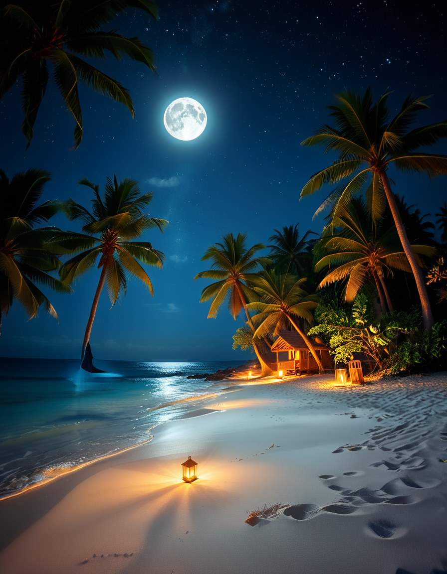 A breathtaking tropical beach at night, illuminated by the soft glow of the moon and twinkling stars. The ocean waves gently lap against the shore, reflecting silver moonlight. Tall palm trees sway slightly in the warm night breeze, their silhouettes contrasting against the deep blue sky. The sand appears smooth and slightly damp, glowing under the moonlight. In the background, distant islands are faintly visible on the horizon, their outlines softened by a light mist. The sky is filled with a mesmerizing display of stars, with the Milky Way faintly visible. The atmosphere is tranquil and serene, evoking a sense of peace and wonder. The image has a high level of detail, realistic textures, and a dreamy cinematic quality.
<lora:SDXLFaeTastic2400:0.4> <lora:extremely_detailed:0.4> extremely detailed,  <lora:tropical_beach_4t_n1ght:1>,tropical beach 4t n1ght, Masterpiece,best quality,hi res,8k,hi res,8k,award winning,(sharp focus, intricate, highly detailed),
