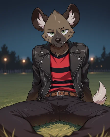 <lora:Haida__Aggretsuko__Character_Illustrious:1>,
masterpiece, best quality, amazing quality, very aesthetic, depth of field, focused subject,  stylized,  night park, close-up,
furry, haida, hyena, (((only male:2))), green eyes, solo, tail,
black jacket, striped shirt, belt, black pants,
sitting on grass,