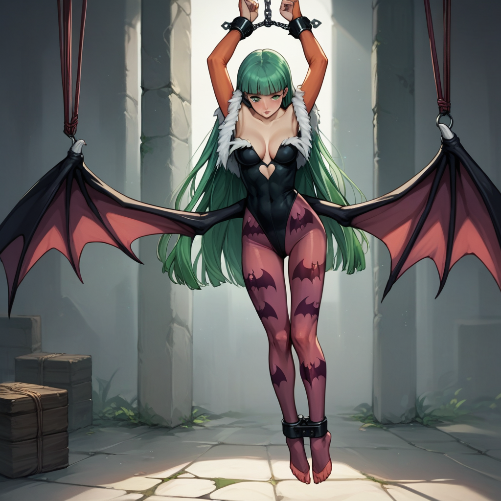 score_9, score_8_up, score_8, (source_anime), hanging_suspension, BREAK, Morrigan Aensland, restrained, bound wrists, blush, perfect face, 1woman, 22 years old, MorriganAe, hime_cut, emerald_green hair, green eyes, blunt bangs, fur trim, bridal gauntlets, print pantyhose, bat print, cleavage, hanging_suspension, BREAK, 1woman, bondage, bdsm, suspension, standing, arms_up, cuffs, bound_wrists, upright_restraints, standing_restraints, tiptoes, straight_legs, feet_dangling
