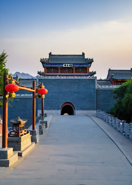 <lora:å±±æµ·å³:1>,Shanhai Pass, no humans, scenery, outdoors, sign, sky, tree, road, east asian architecture, sunset, building, architecture, pavement, sun, sunlight, street, lantern, blue sky, shadow, real world location, shrine, road sign, path, cloud, sunrise, gradient sky, stairs, fence, evening, masterpiece, best quality,