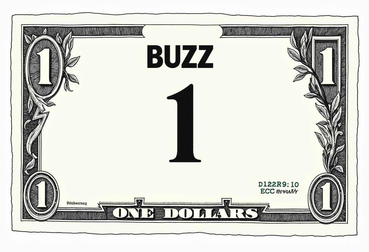 On a One Dollar Bill, with the words "BUZZ" printed at the top,  civitaiLogo, the civitai civitaiLogo Logo is in the center ,the number "1" , in each corner a simple logo of a lightning, all surrounded by decorative borders and drawn in an etching style, DollarStyle,