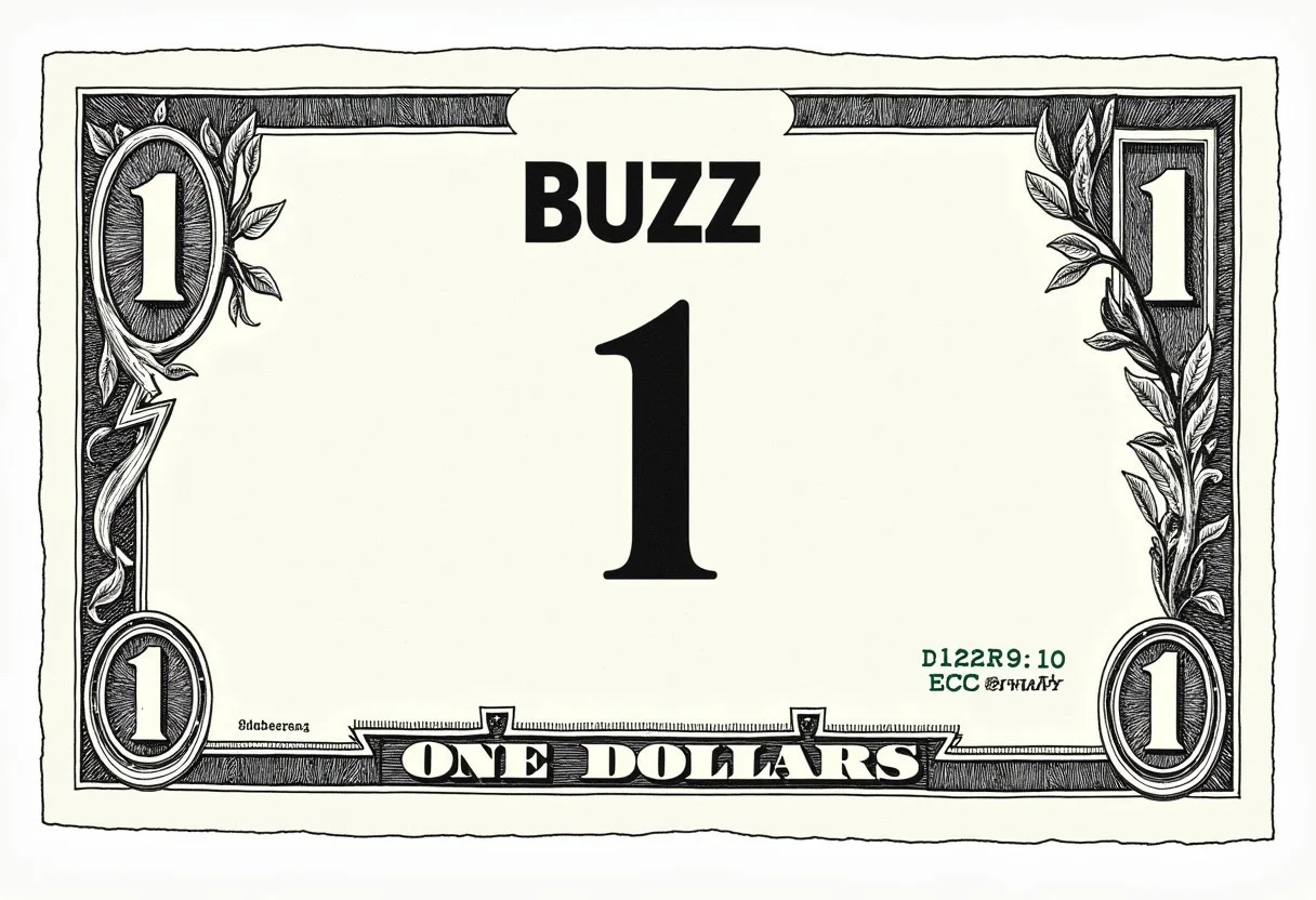 On a One Dollar Bill, with the words "BUZZ" printed at the top, civitaiLogo, the civitai civitaiLogo Logo is in the center ,the number "1" , in each corner a simple logo of a lightning, all surrounded by decorative borders and drawn in an etching style, DollarStyle,