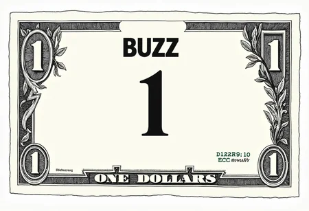 On a One Dollar Bill, with the words "BUZZ" printed at the top, civitaiLogo, the civitai civitaiLogo Logo is in the center ,the number "1" , in each corner a simple logo of a lightning, all surrounded by decorative borders and drawn in an etching style, DollarStyle,