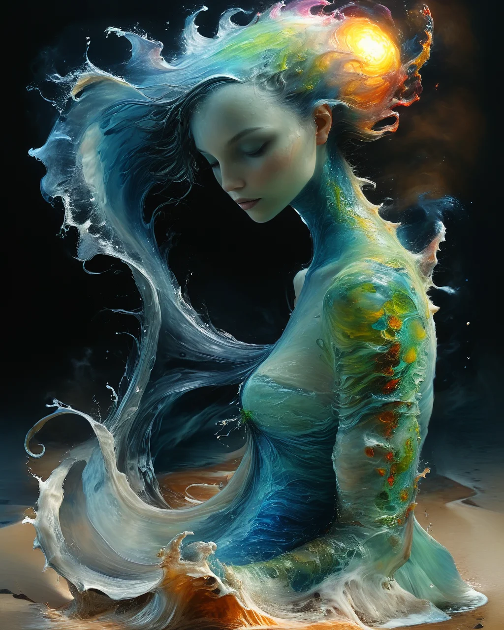 (rolling wave forming a full bodied beautiful female water elemental with colorful organic bioluminescent patterns:1.9), reflections, sheen, hyperrealistic, ultra resolution, professional photo, Jean-Baptiste Monge Style page scan of <lora:add-detail-xl:0.8> <lora:xl_more_art-full_v1:0.5> <lora:Jean-Baptiste Monge Style:1>