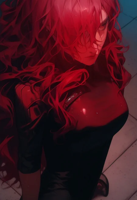 masterpiece,best quality, highly detailed, score_9, score_8_up, score_7_up, score_6_up, source_cartoon, p3mitsuru, kirijou mitsuru, long hair, red hair, hair over one eye,
 BREAK
 BREAK
1girl, close-up, chrome floor, space station, reflective floor, dim lighting, large breasts, wet skin, flushed cheeks, messy hair, sweaty, sensual expression, biting lip, detailed textures, glossy liquid, raw emotion, explicit focus, eye contact, erotic tension, intimate atmosphere, laying on floor, on back,, hair in face, looking at viewer, bodysuit, black bodysuit, arms behind head, upset, close-up, skin-tight, 
 BREAK
dynamic light, cold_light, vibrant colors cold_colors, soft focus, high contrast, textured surfaces, depth of field, rgb lighting, dramatic shadows, rich details, blue color palette, playful composition.
,dynamic angle,dynamic light,background,