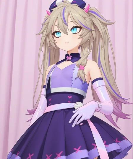 kasukabe_tsukushi,flat chest,Long eyelashes,Lower eyelashes,purple mesh bangs,Flaxen Hair,blue eye,iridescent belt,purple outfit,pleated skirt,nurse cap,iridescent elbow gloves,<lora:kasukabe_tsukushi:1>,