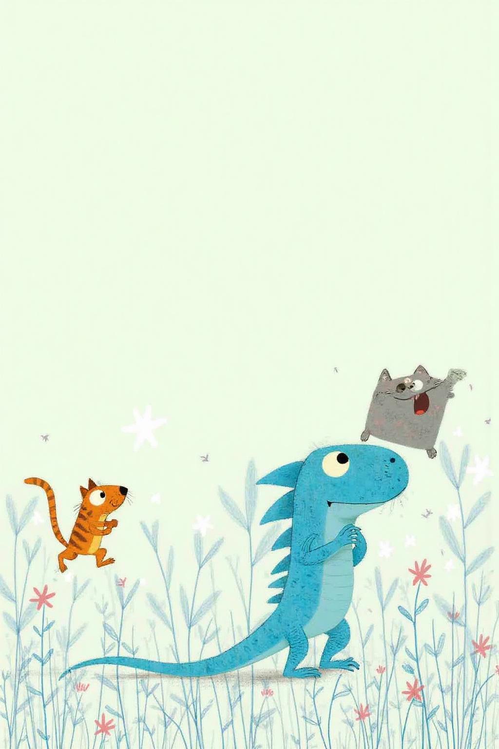 macha1 illustration. 
A blue lizard being chased by a cat. <lora:macha1_cap_d6a3e12:1.0><lora:827724491250504635:0>