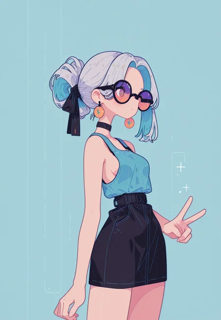 masterpiece, best quality, amazing quality, very aesthetic, absurdres,
1girl, solo, ((from above)),
silver hair, inner color hair, blush, parted bangs,folded ponytail, hair ribbon,
simple pastel turquoise blue background,
shy, blushed, multicolored hair,
large round opaque sunglasses,
tank top, tight mini skirt, medium chest, side boob,
black choker, ultra detailed eyes,
looking side, upper body shot,
v,
earrings, jewelry, hair ribbon,
emotionless ,
from side,
(contrapposto:1.2), thick legs, chubby thick legs, thighs tension, realistic clothes texture,
narrow waist, wide hips, detailed eyes,
fl4t, Flatline, Flat vector illustration, Black outline, Vivid colors