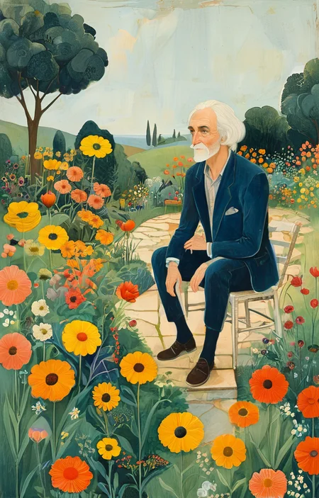 masterpiece,best quality,<lora:tbh143-sdxl:0.7>,portrait of man in garden,flowers,illustration,style of Alice Provensen