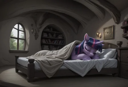 score9, score8up, score7up, score6up, score5up, score4up, Twilight Sparkle, Pony, Horn, Mare, solo, feral, Indoors, Golden Oaks Library interior, Bedroom, Bed, Laying In Bed, Sleeping, ((fluffy)), Eyes Shut, Under Covers, detailed background, Dim Candle Light, hyper-realistic light and shadow, night.
