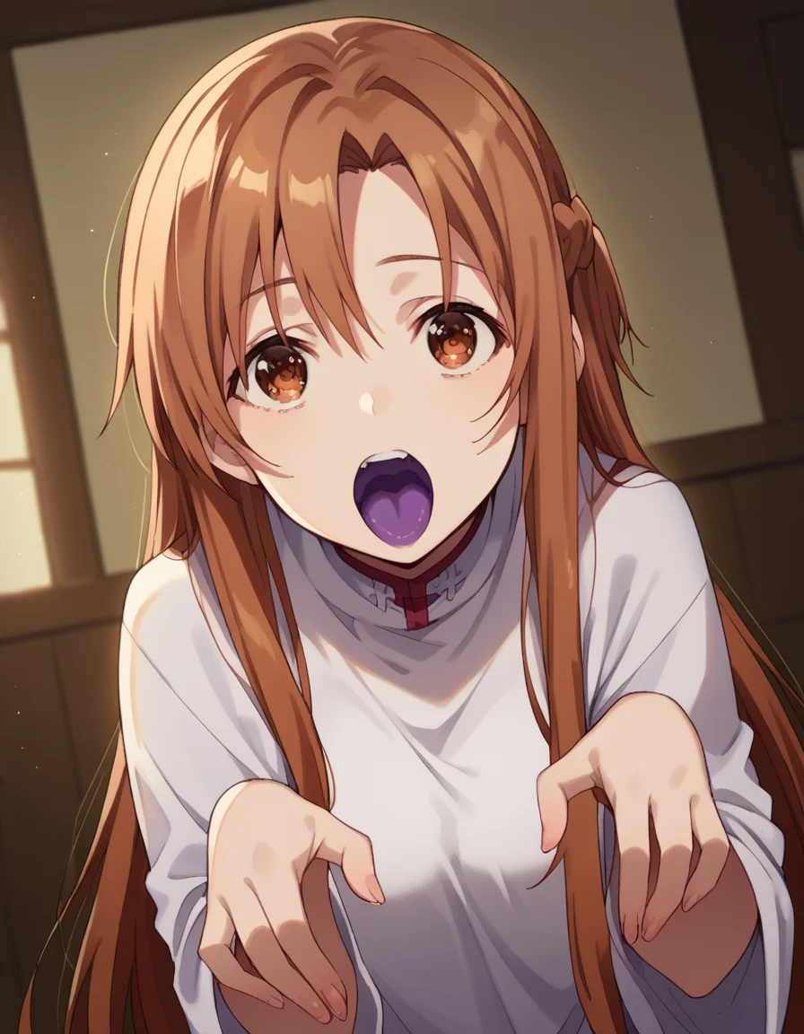 score_9, score_8_up, score_7_up, source_anime, asunayuuki, <lora:asuna-yuuki-s1-ponyxl-lora-nochekaiser:1>, asuna yuuki, long hair, brown hair, brown eyes,, <lora:ghost-pose-ponyxl-lora-nochekaiser:1>, ghost pose, ghost, purple tongue, open mouth, looking up,, indoors,, cowboy shot, dutch angle, looking at viewer,