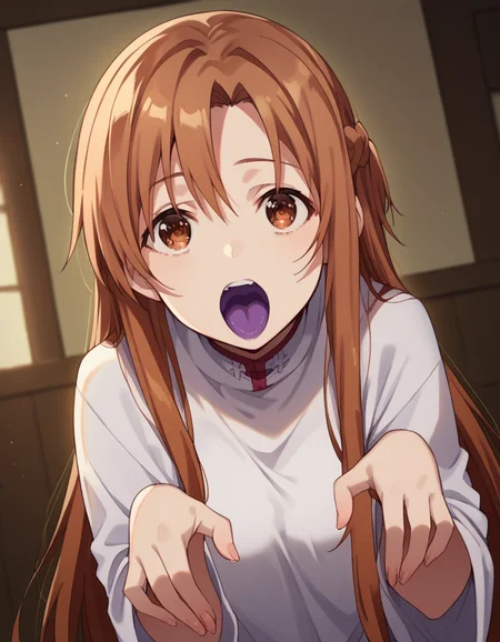 score_9, score_8_up, score_7_up, source_anime, asunayuuki, <lora:asuna-yuuki-s1-ponyxl-lora-nochekaiser:1>, asuna yuuki, long hair, brown hair, brown eyes,, <lora:ghost-pose-ponyxl-lora-nochekaiser:1>, ghost pose, ghost, purple tongue, open mouth, looking up,, indoors,, cowboy shot, dutch angle, looking at viewer,