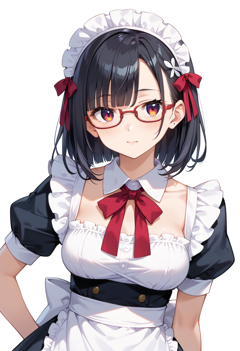 score_9, score_8_up, score_7_up, rating_safe, masterpiece, best quality, absurdres, unity 8k wallpaper, official art, official style, source_anime, uncensored, game cg, megami magazine,
1girl, solo, black hair, medium hair, upper body, covered eyes,maid, maid headdress, black dress, maid apron, face focus,
oval_metal, glasses, still life, white background, simple background, red-framed eyewear,
 <lora:glasses_OvalMetal1_PONY_V1:1>
